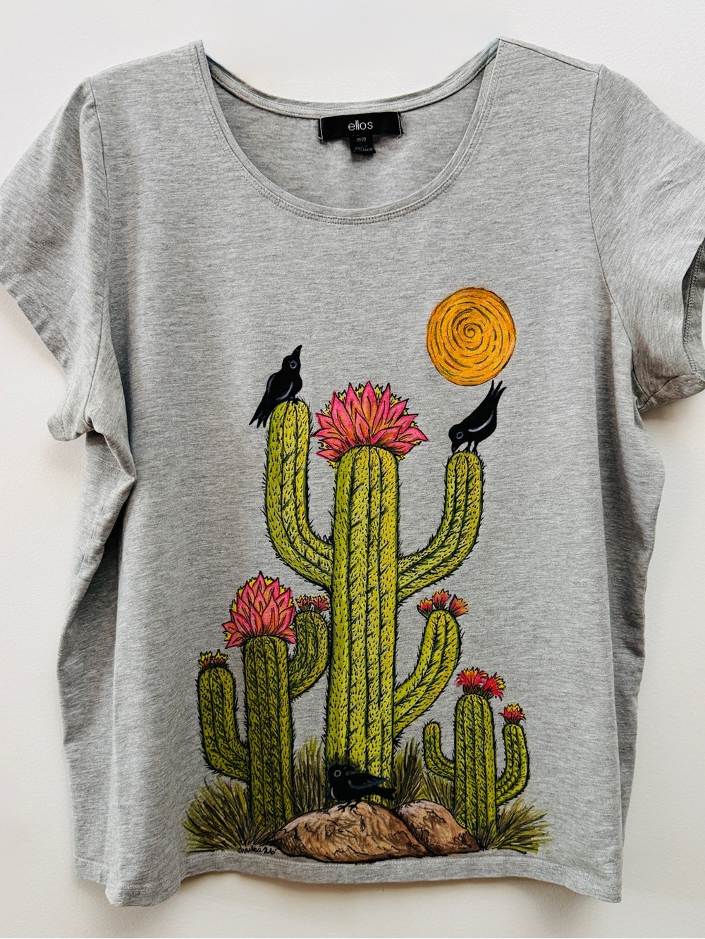 Ellos Upcycled Cactus Art Tee Original Charlisa French Drawing & Painting 18/20